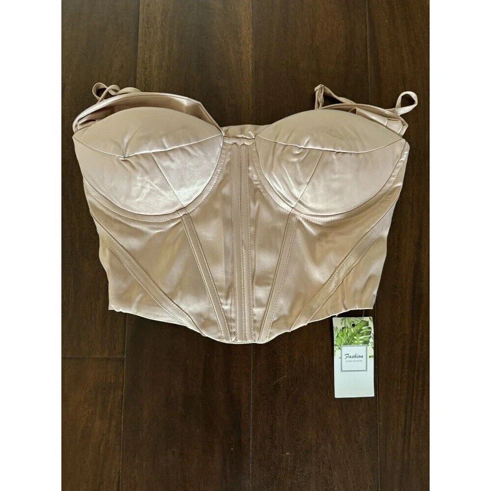 Satin Spaghetti Strap Party Crop Top Rave Cute Zip Back Outfits Corset XS 0-2